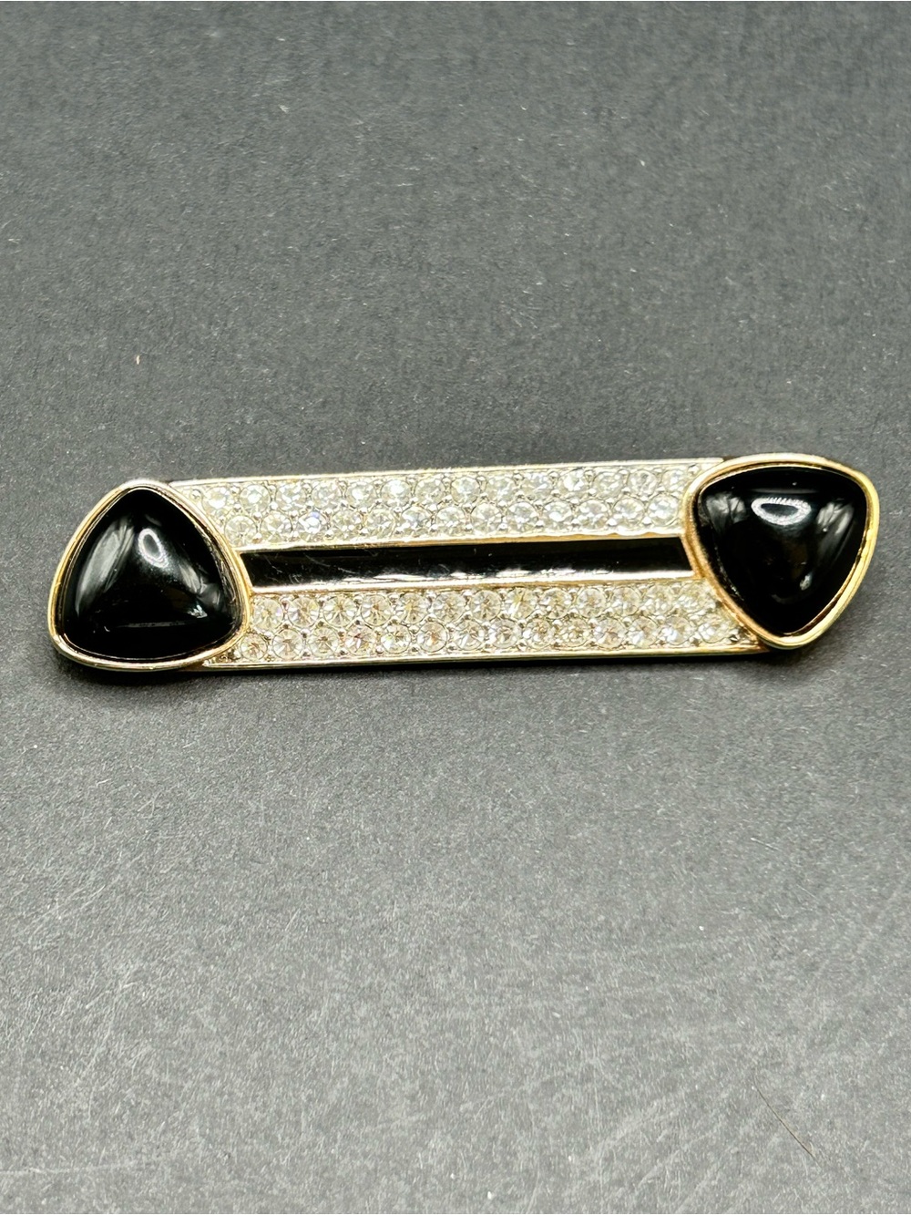 VTG DSCo Swarovski Gold Tone Crystal Black Onyx Enamel Bar Brooch Pin